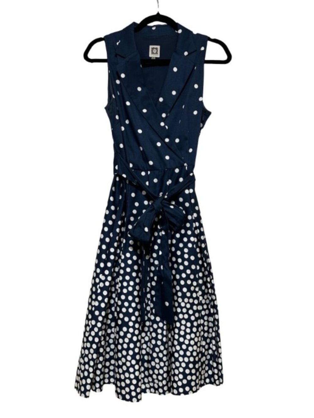 Anne Klein Navy Blue Polka Dot Faux Wrap Dress 6 - Picture 4 of 11